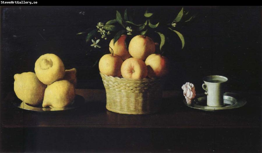 Francisco de Zurbaran Style life with lemon of orange and a rose